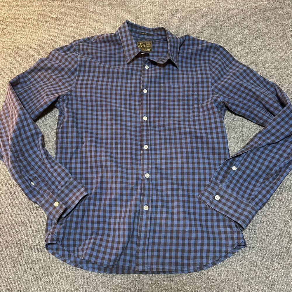 Lucky Brand Mens Slim Fit Gingham Button Down Shirt Blue Black Buffalo Check